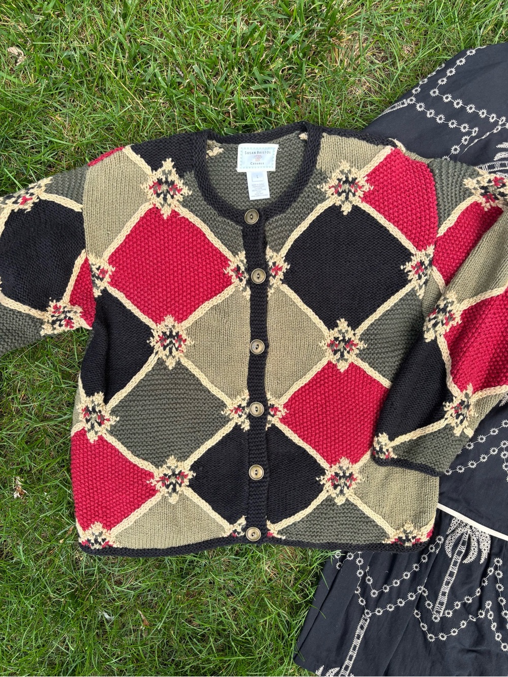 Vintage Susan Bristol Red, Black & Olive Argyle Button Cardigan Knit